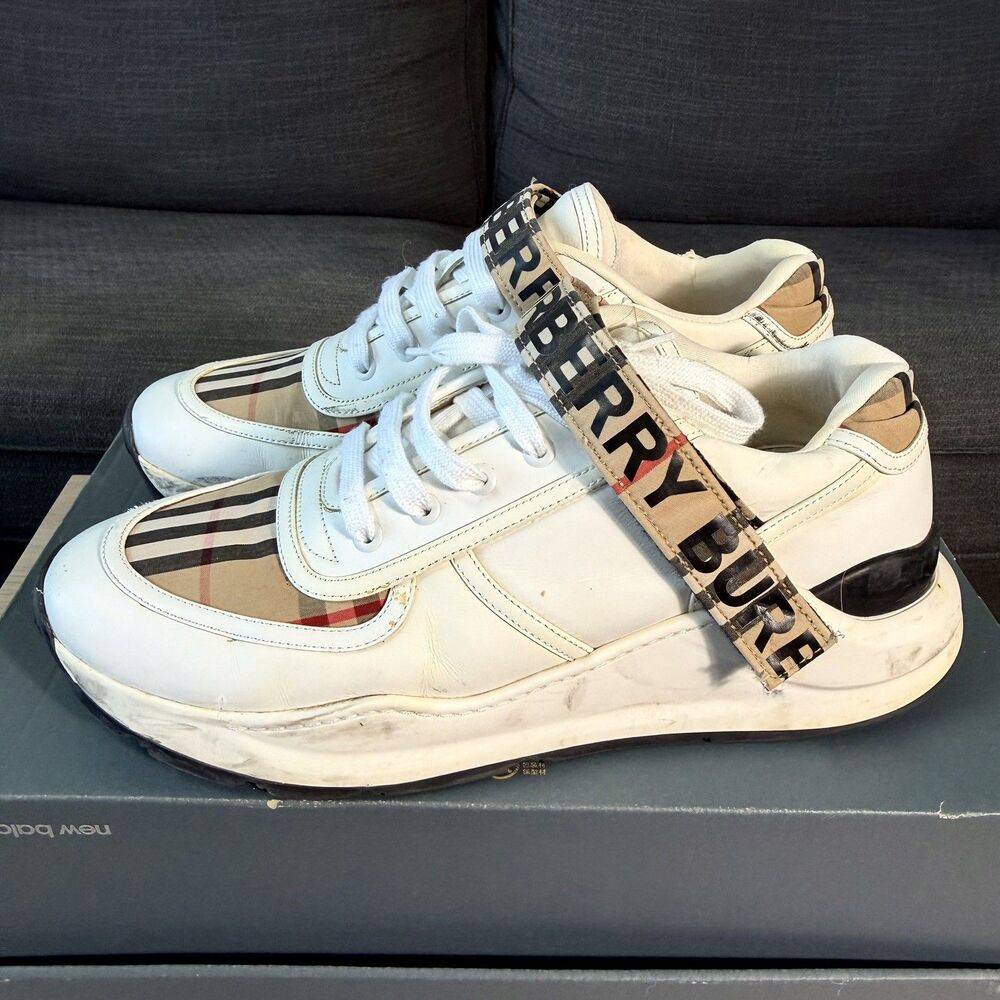 Burberry Ronnie Vintage Check White Leather Sneakers Men's Size 43 EU / 10 US